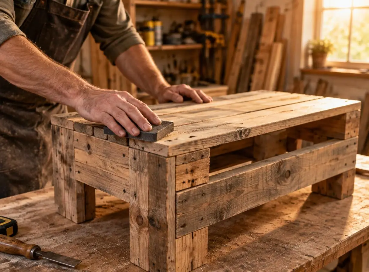 Carpenter hand-sanding a pallet wood piece in the Bed Box workshop