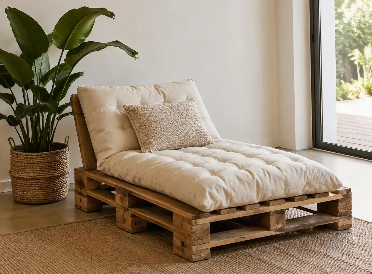 Pallet lounger with a cream cushion beside a potted plant