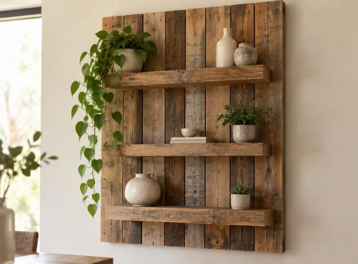 Reclaimed pallet wood wall panel with shelves, ceramics and plants